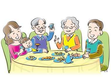 Akşam yemeği yiyen bir ailenin vektör çizimi 