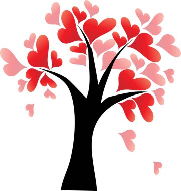 Kalp şeklinde yaprakları olan renkli düz romantik ağaç beyaz arkaplan, vektör, illüstrasyon