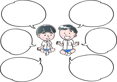 Beyaz arka planda izole edilmiş konuşma baloncuklarının yanında eğlenen çizgi film çocukları, çocukluk konsepti. 