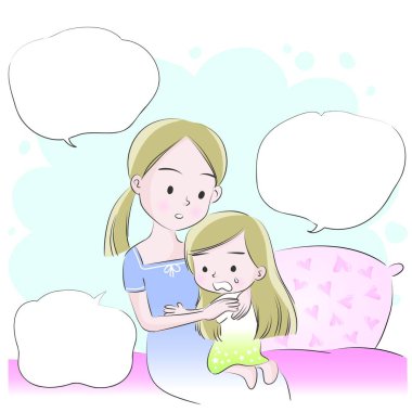 Çizgi film anne ve kızının olduğu kart, mutlu anneler günü konsepti. 