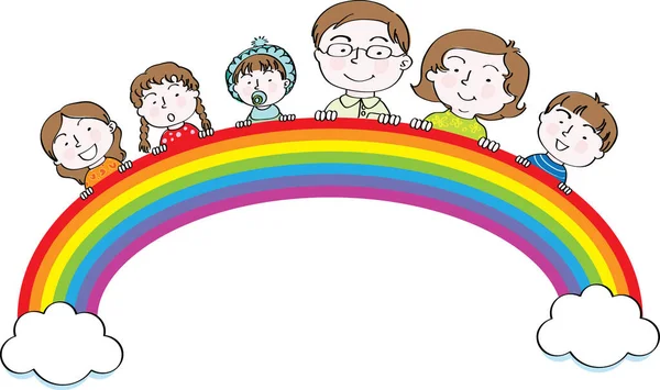 Karte Mit Glücklicher Familie Mit Regenbogen Vektor Illustration — Stockvektor