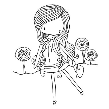 Eskiz tarzında uzun saçlı bir kız. vektör illüstrasyonu.