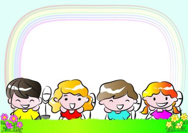 Mutlu çizgi film çocukları çayırda dinleniyor, vektör, illüstrasyon  