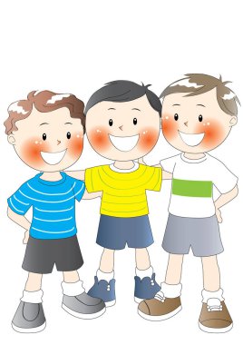 Üç çocuk ellerinin etrafında dikilip bakıyor.