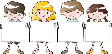 Mutlu çizgi film çocukları ellerinde boş kartlar, vektörler, resimler tutuyorlar. 