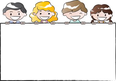 Tahtası olan bir grup mutlu çocuk.