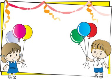 Çocuklar ve balonlar davetiye ve kartın arka planında