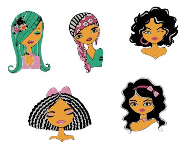 Beyaz arka planda, vektörde, resimde izole edilmiş saç stili olan bir dizi güzel kız.