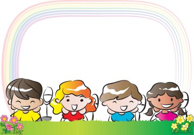 Mutlu çizgi film çocukları çayırda dinleniyor, vektör, illüstrasyon  