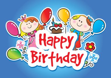 Mutlu yıllar sana tatlı çocuklar ve balonlarla dolu tebrik kartı.