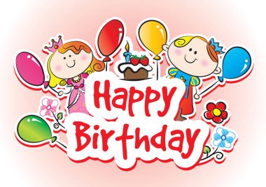 Mutlu yıllar sana. Çizgi film çocukları ve balonlarla dolu.