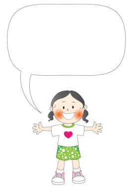 Küçük kız elinde bir konuşma balonu tutuyor.