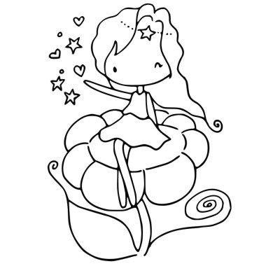 Küçük tatlı bir kızın siyah beyaz çizgi film çizimi