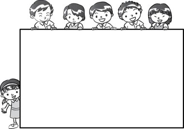 Boş afiş taşıyan bir grup çocuğun karikatür çizimi