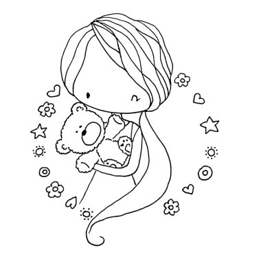 Oyuncak ayıyla küçük bir kızın resim çizimi.