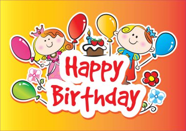 Çocuklu doğum günü kartının vektör karikatürü çizimi