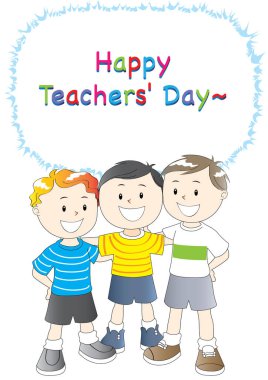 Mutlu çocuklar, öğretmenler günü tebrik kartı.
