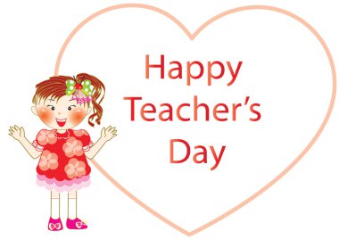 Tatlı karikatür kızı ve pembe kalpli mutlu öğretmenler günü kartı.
