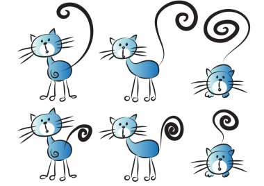 Beyaz arka planda çizgi film kedileri.