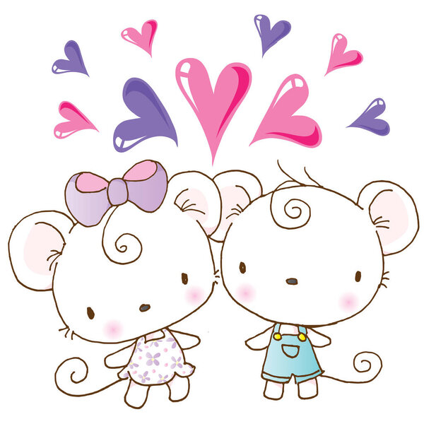 мультфильм красивый мальчик и девочка мышей в любви изолированы на белом фоне, романтическая концепция 