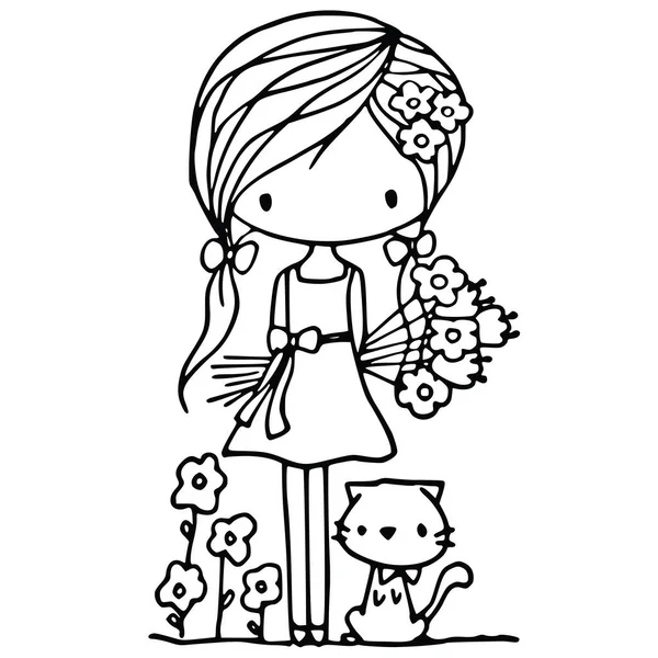 Cute Girl Bouquet Flowers — Stock Vector