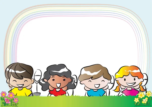 Heureux Dessin Animé Petits Enfants Reposant Sur Prairie Vecteur Illustration — Image vectorielle