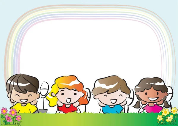 Mutlu çizgi film çocukları çayırda dinleniyor, vektör, illüstrasyon  