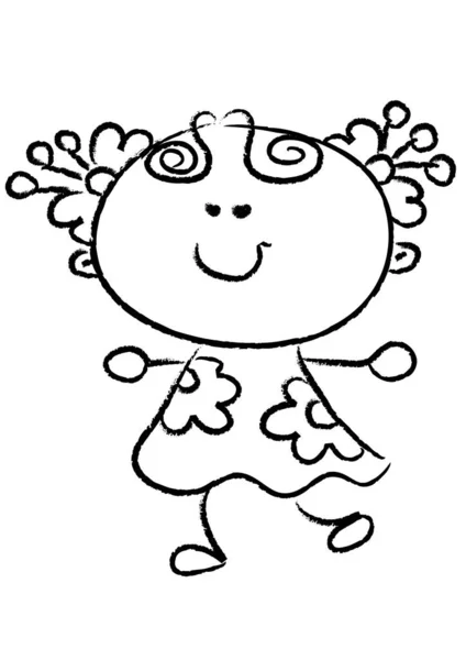 幸せそうな笑顔の少女の黒と白の漫画イラスト — ストックベクタ
