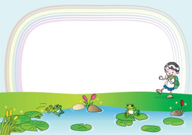 Bataklığın yakınındaki çocuğun sevimli çizgi film çizimi 