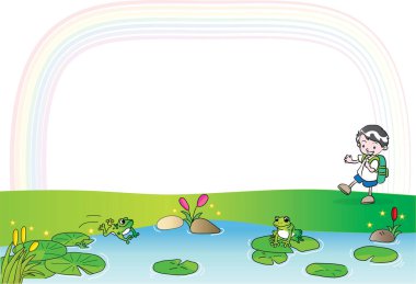 Gökkuşaklı bir çocuk ve kurbağanın çizimi