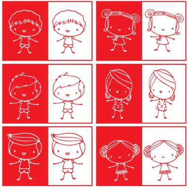 Karikatür çizen çocuklar ellerinde kese kağıdıyla, izole edilmiş ve düz çizimler yapıyorlar.