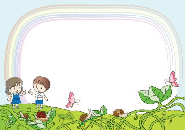 Çocuklar ve çiçeklerle çerçevelenmiş