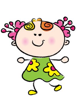 Çiçekli pembe elbiseli sevimli çizgi film kızı.