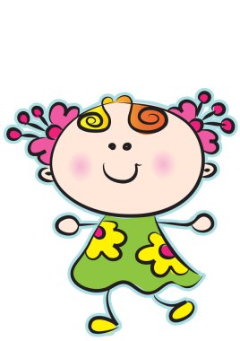 Çiçekli pembe elbiseli sevimli çizgi film kızı.