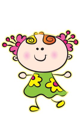 Çiçekli pembe elbiseli sevimli çizgi film kızı.