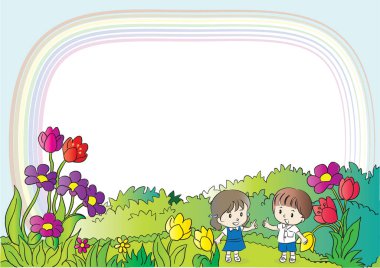 Çiçekli bir kız ve erkek çocuğu.