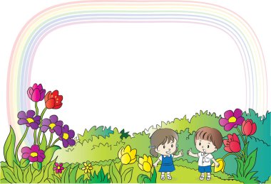 Çiçek bahçesindeki bir kızla bir oğlanın resmi