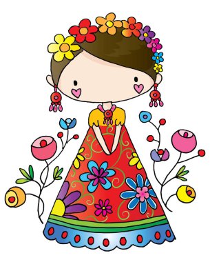 Beyaz arka planda izole edilmiş çiçek kız, vektör illüstrasyonu