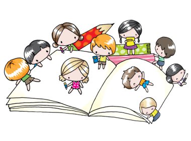 Çizgi film kızları ve erkek çocukları beyaz arka planda izole edilmiş kitap ve kalemlerle okul konseptine geri dönüyorlar. 