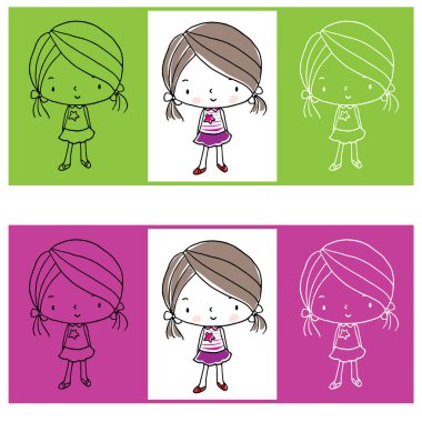 Beyaz arka planda izole edilmiş çizgi film kızları, okul konseptine geri dönüyorlar. 