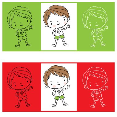 Beyaz arka planda izole edilmiş çizgi film çocukları, okul konseptine geri dönüyorlar. 