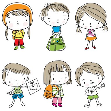 Sırt çantalı çizgi film kızları ve oğlanlar beyaz arka planda, okul konseptine geri dönüyorlar. 