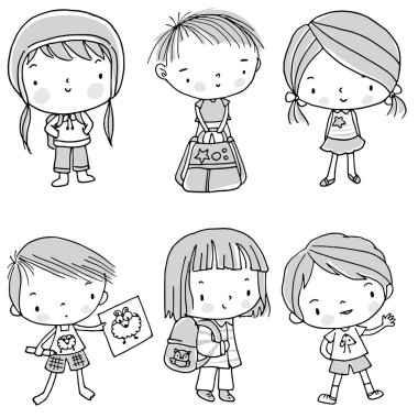 Sırt çantalı çizgi film kızları ve oğlanlar beyaz arka planda, okul konseptine geri dönüyorlar. 