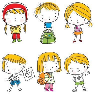 Sırt çantalı çizgi film kızları ve oğlanlar beyaz arka planda, okul konseptine geri dönüyorlar. 