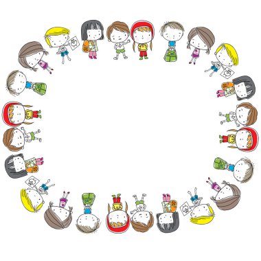 Sırt çantalı çizgi film kızları ve oğlanlar beyaz arka planda, okul konseptine geri dönüyorlar. 