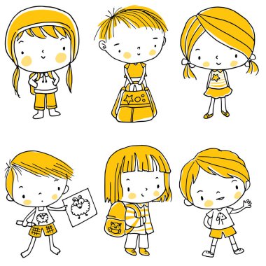 Sırt çantalı çizgi film kızları ve oğlanlar beyaz arka planda, okul konseptine geri dönüyorlar. 