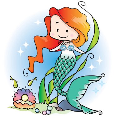 karikatür perisi okyanustaki küçük deniz kızı beyaz arka planda, vektörde, resimde izole edilmiş.