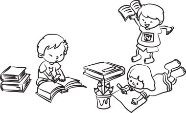 Çizgi film kızı ve erkek çocukları okul malzemeleriyle ödev yapıyorlar. Beyaz arka planda izole edilmiş, okul konseptine geri dönüyorlar. 