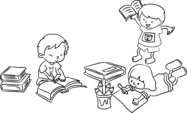 Çizgi film kızı ve erkek çocukları okul malzemeleriyle ödev yapıyorlar. Beyaz arka planda izole edilmiş, okul konseptine geri dönüyorlar. 