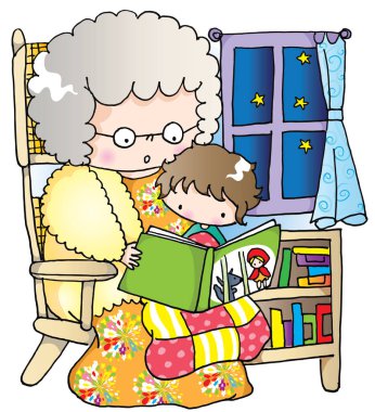 Evde torununa kitap okuyan sevimli bir büyükanne, eğitim konsepti. 